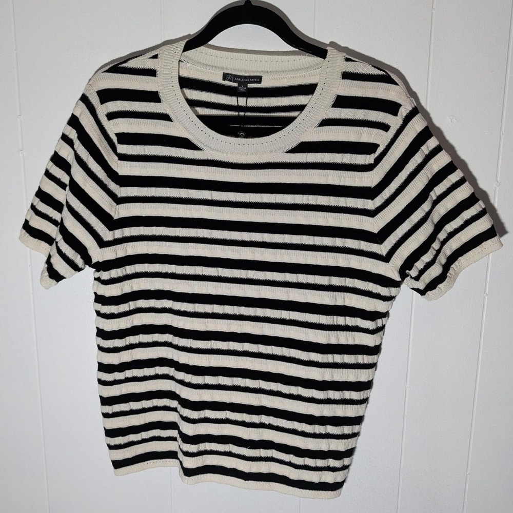Womens Adrianna Papell Black White Striped Blouse L NWT Short Sleeve Knit Top